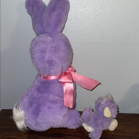 Purple Plush Stuffed Bunny with Pink Ribbon and Mini Kitty 16” Easter - Picture 3 of 5